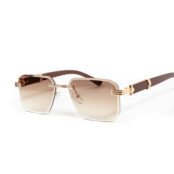 Brown Tint Mens Gold Frame Gradient Hip Hop Woodgrain Rimless Fashion Sunglasses - Picture 1 of 5